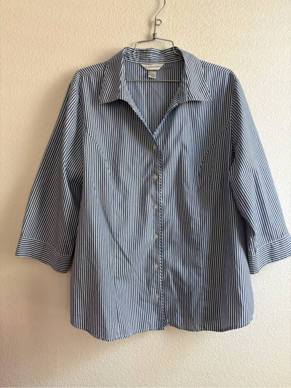Christopher & Banks Blue and White Striped Button Down Shirt 3 Quarter Sleeve